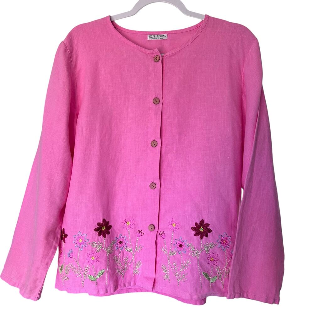 Russ Berens 100% Linen VTG Tunic Artsy Boho Coquette USA Pink Embroidered SZ Med